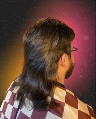 Client with a long dark mullet, seen from behind